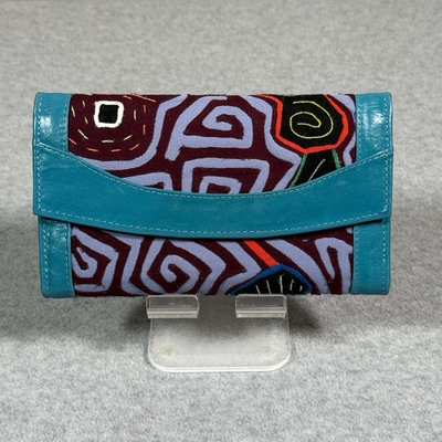 #ad #ad Cambel Turquoise Leather Trifold Wallet Clutch Mola Folk Art Textile Organizer $39.99