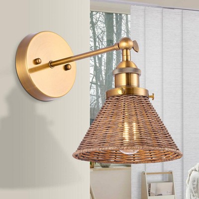 Matrix Decor 6.88 in. 1-Light Boho Antique Gold Wall Sconce w/ Rattan Shade
