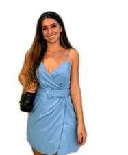 ZARA LINEN BLEND BELTED DRESS IN BLUE SIZE XL 4661 315 400