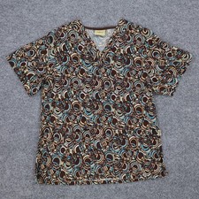 Tafford Scrub Womens Small Top Brown Geometric Colorful Pockets Vet Nurse