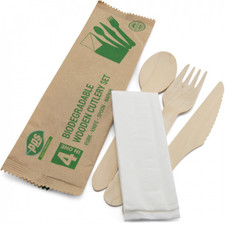 Disposable Wooden Cutlery Set 4 Piece with Napkin | Biodegradable & Eco-Friendly