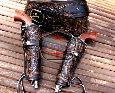 TJAYZ NEW 44/45 Cal DOUBLE Holster Gun Belt Drop TOOLED LEATHER Western RIG 34-52 BRN