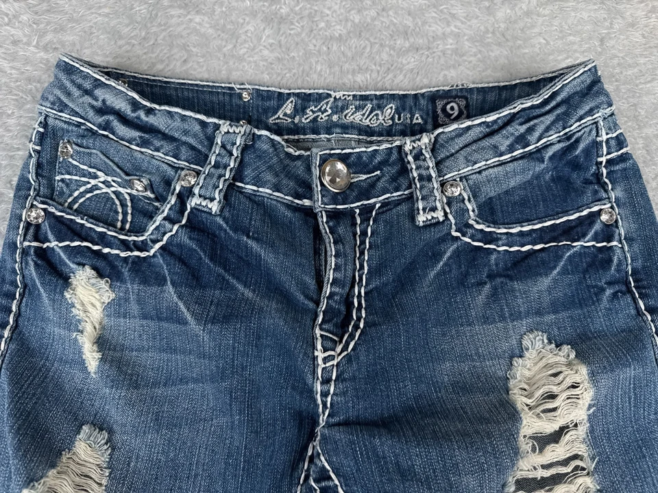 LA Idol Pants Women 9 Blue Denim Jeans Bootcut Low Bling Distressed Cotton 28x31 - Image 4 of 4