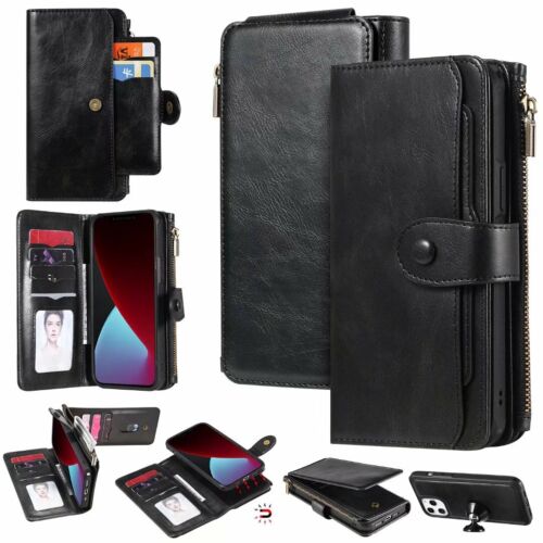 For iPhone Retro Multifunctional Zippe Wallet PU Leather Phone Case Skins Cover - Afbeelding 1 van 22