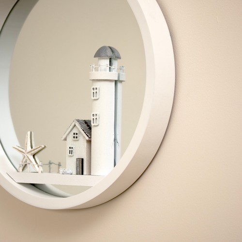 White Lighthouse Wall Mirror Round Wood Nautical Coastal House Bathroom Decor - Picture 3 of 4