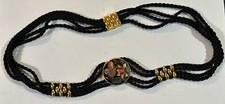 Vintage Cloisonne Enamel Black Floral Butterfly Braided Cord Rope Belt