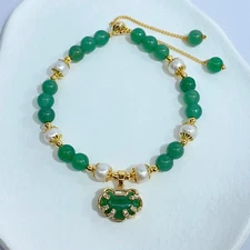 Natural Green Jade Freshwater Pearl Adjustable Copper Bracelet - CZ Money Bag