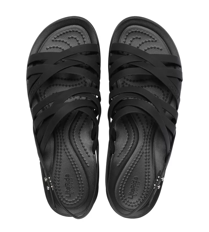 Crocs Women Brooklyn Strappy Low Wedge Black Sandals Fast Free