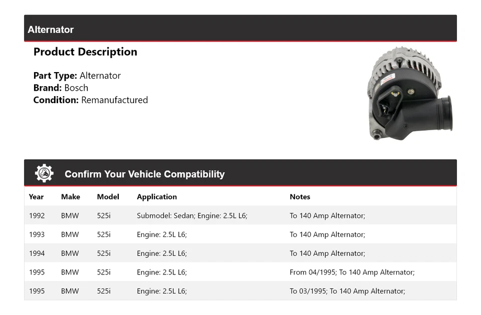 For 1992-1995 BMW 525i 2.5L L6 Bosch Alternator (Remanufactured) 1993 1994 - Image 2 of 4