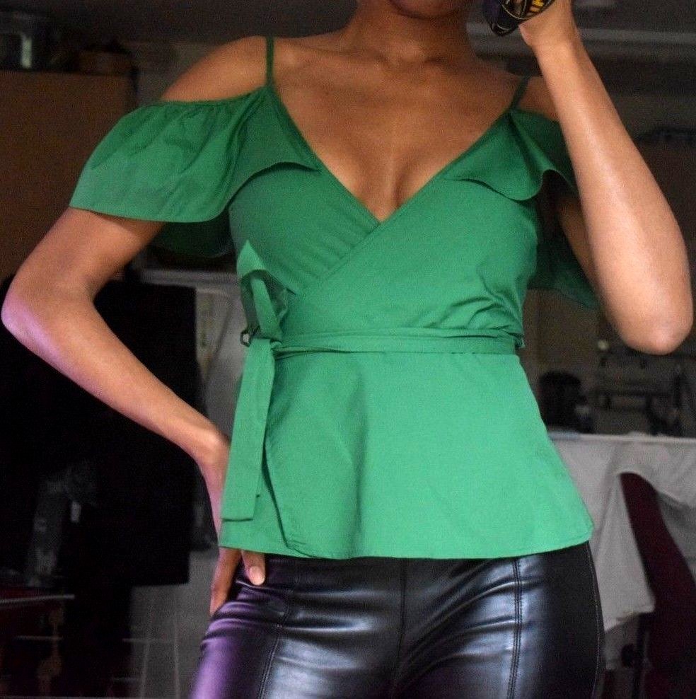 Topshop Cold Shoulder Frill Wrap Top Green New Size UK UK