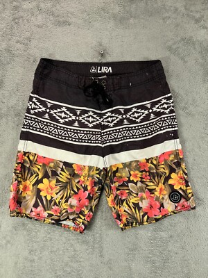 LIRA Mens Board Shorts Swimsuit Hawaiian Tribal Aztec Size 32 Black Floral Tie