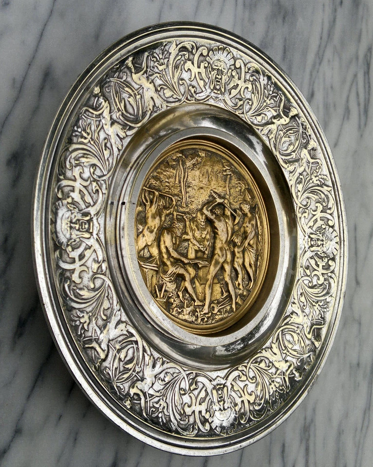 Antique Gilt & Silvered Bronze ~Venus & Cupid at Vulcan's Forge~ Wall Plaque 11" - Image 3 of 4