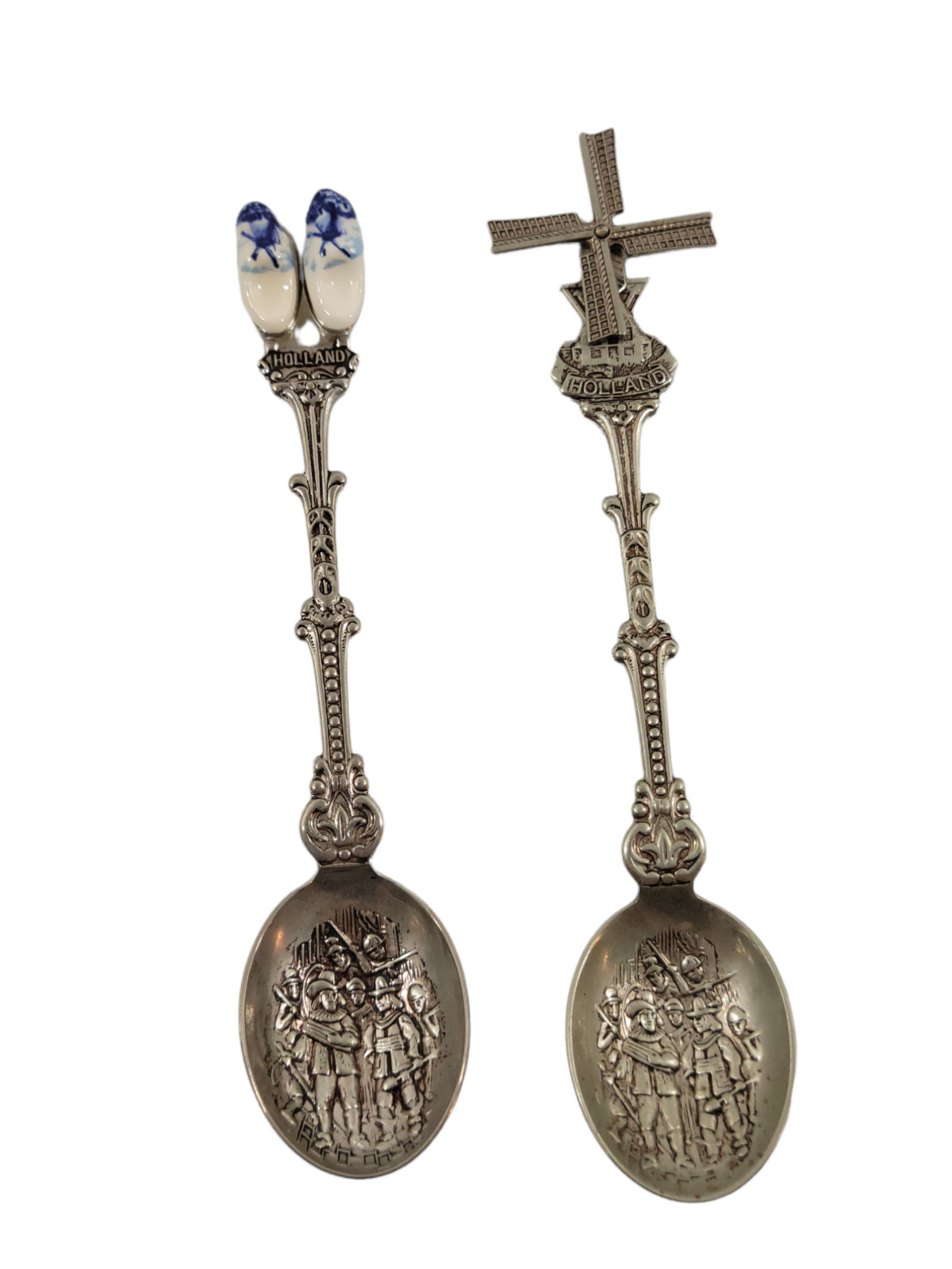 2 H.v.d.M. Cucharas plateadas en relieve de recuerdo HOLANDA molino de viento giratorio zapatos Delft