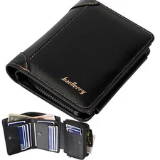 Men Leather Wallets Trifold Zipper Wallet with ID Window 14 Credit Card Slots