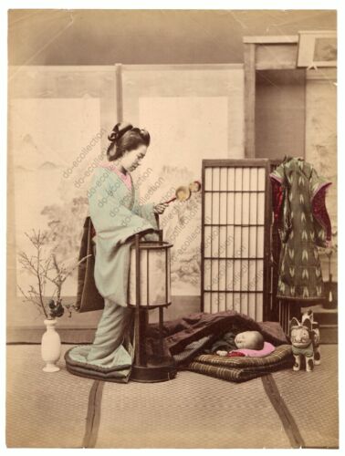 JAPAN antique photo 1880's young woman and sleeping baby - Picture 1 of 2