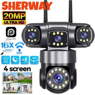 SHERWAY Cámara WiFi 10K 20MP Seguridad para el Hogar Exterior 4 Lentes Zoom 16X CCTV Cámara PTZ Inalámbrica