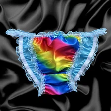 Aqua Blue Rainbow Satin Frilly Lace Bikini Tanga Underwear Panties Size M - XL