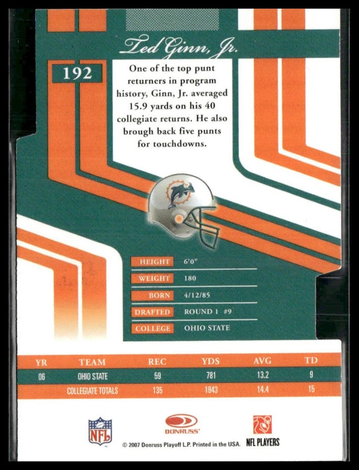 2007 Donruss Elite #192 Ted Ginn, Jr. Rookie Blue Aspirations #/93 Dolphins - Image 2 of 2