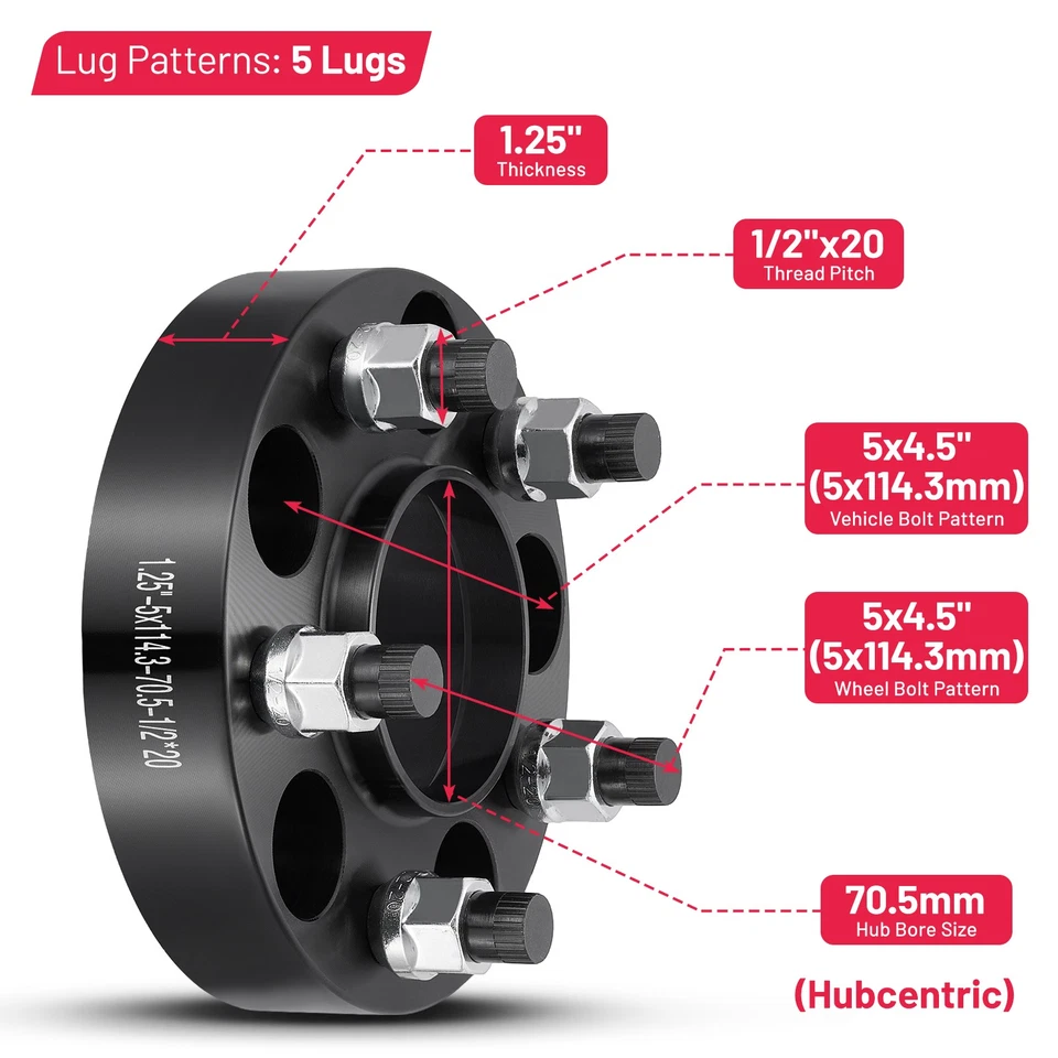 (4) 5x4.5 Hubcentric 1.25" Wheel Spacers 1/2"x20 For 1994-2014 Ford Mustang - Image 2 of 4