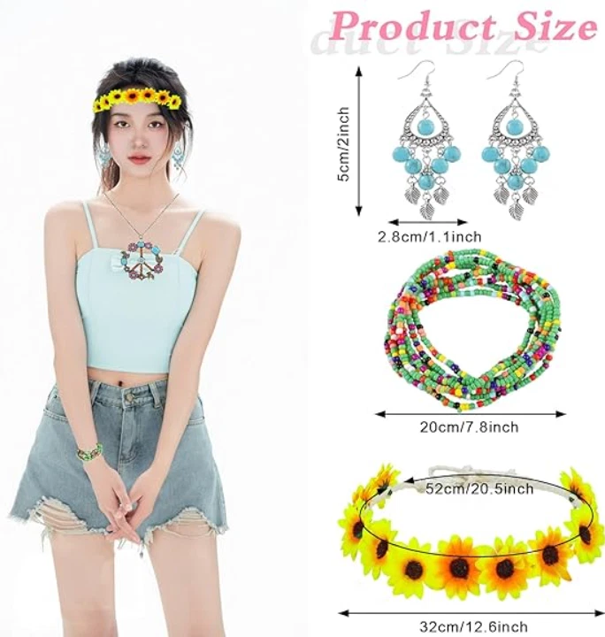 Conjunto de 5 peças de acessórios de fantasia hippie feminino anos 60 anos 70 roupa retrô colar óculos - Imagem 2 de 4
