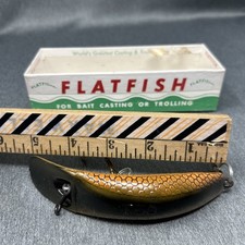 Vintage Helin Flatfish T50 Gold & Black Lure w/ Box & Paperwork 2 Treble Hooks