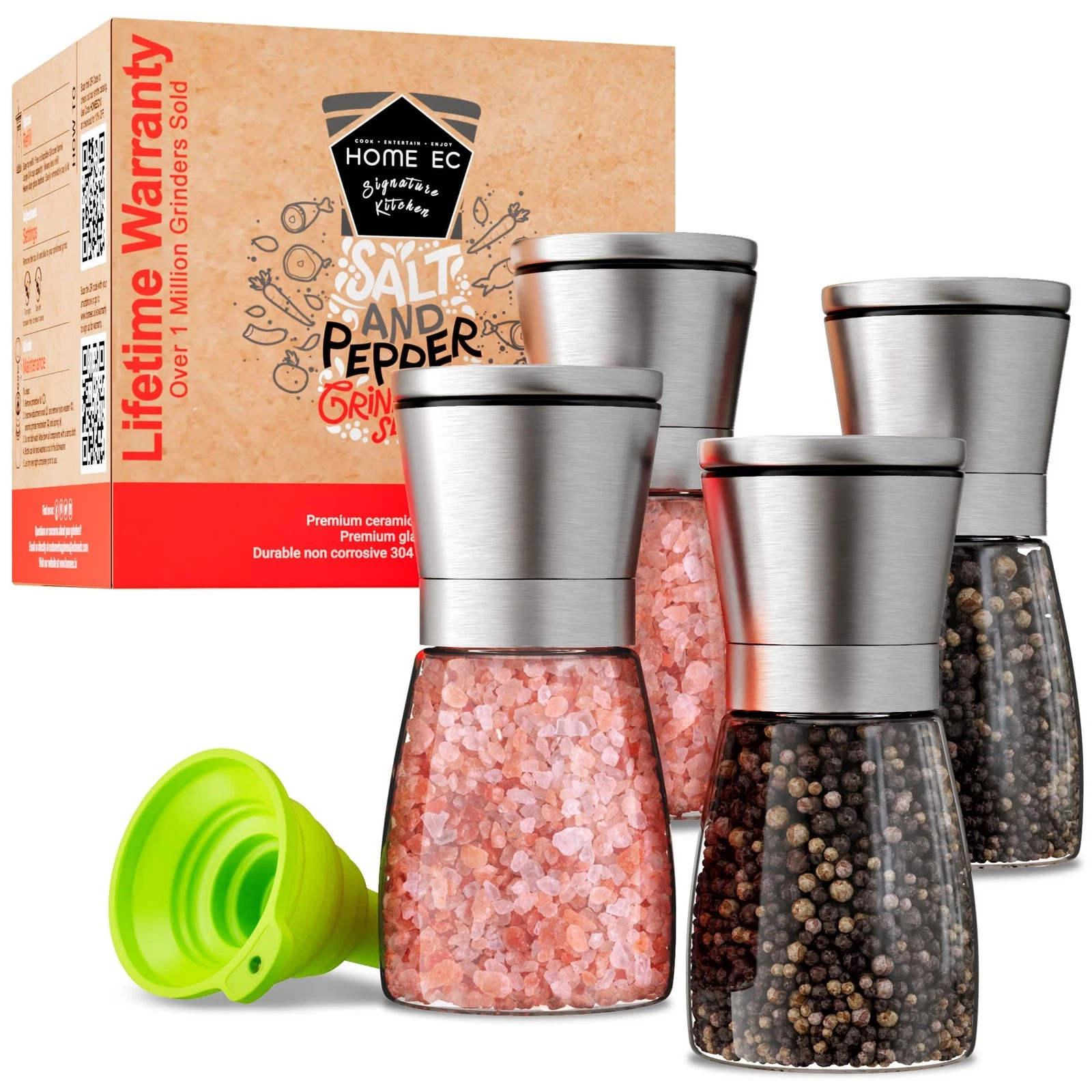 Original Stainless Steel Sea Salt and Pepper Grinder Set of 4 - Adjustable Ce...