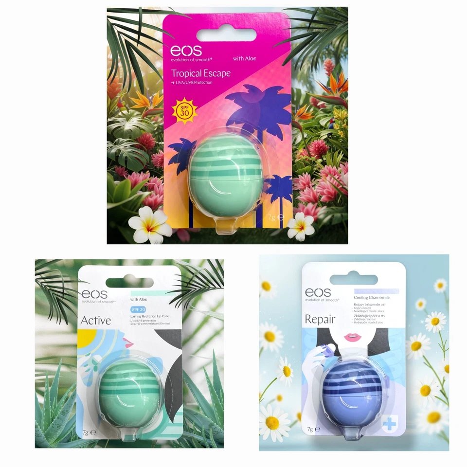 EOS Lip Balm - Active Aloe, Tropical Escape w. Aloe, Repair w. Cooling Chamomile