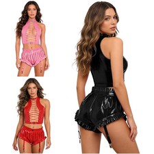 Women Set Zipper Costume Ruffled Trim Outfit Nightwear Halloween With Party