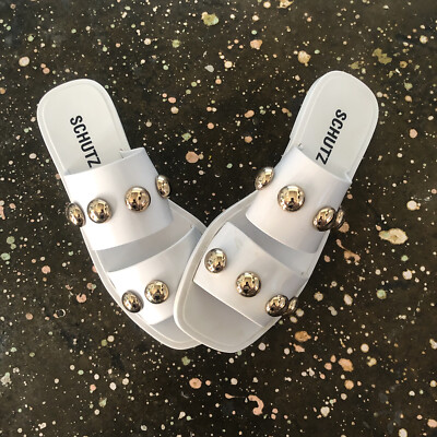 Schutz Lizzie Slides White Jelly Metal Studs Resort Summer Revolve $78 