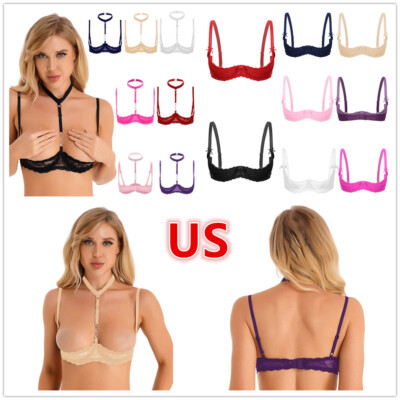 Womens Floral Lace Bras Sexy Underwear Breast Open Cup Push Up Underwire Bra Top