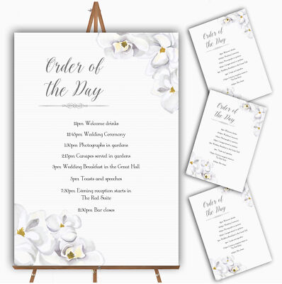 Atemberaubende weiße Aquarell Magnolien personalisierte Hochzeit Orden des Tages Karten