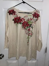 Vintage Collections etc Womens XXL Christmas IVORY Red Sequin Shirt Poinsettia