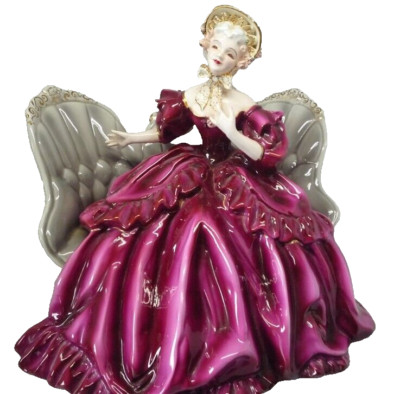 Vintage Florence Ceramics VICTORIA Figurine-Burgundy Dress Sitting on Grey Sofa
