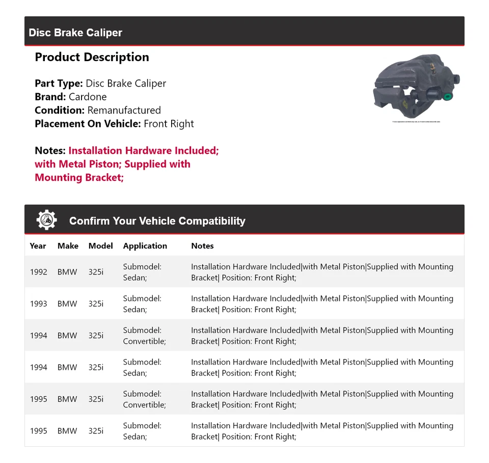 Pinça de freio a disco dianteira direita Cardone 1993 1994 para 1992-1995 BMW 325i - Imagem 2 de 4