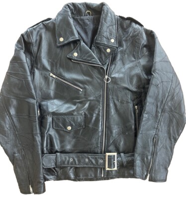 VTG Diamond Plate Buffalo Leather Motorcycle Jacket Cafe Racer Black Mens Large