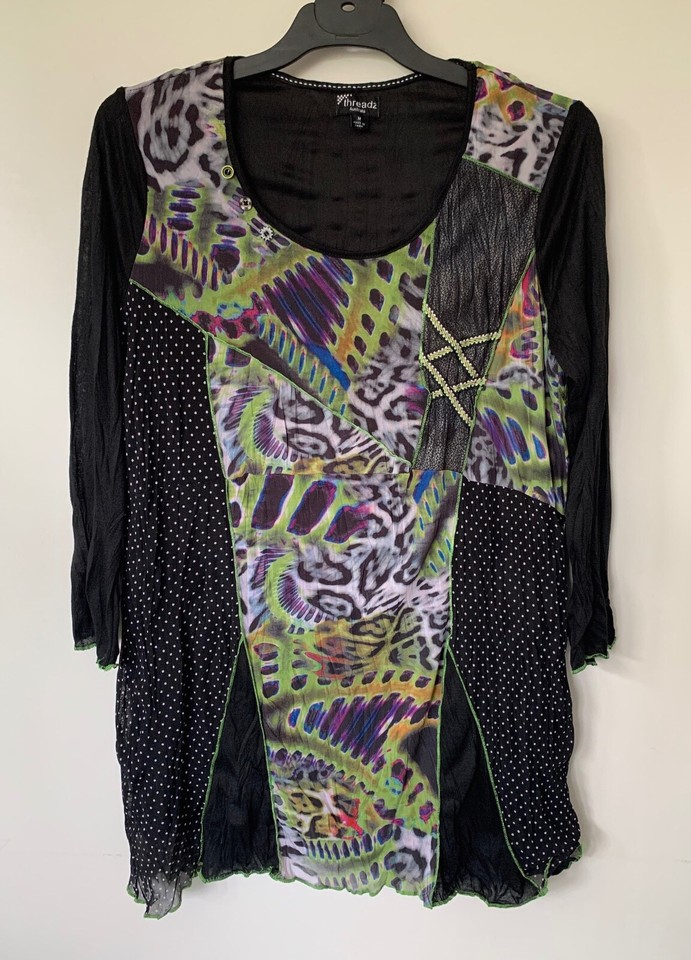THREADZ SIZE 16 LONG SLEEVE SCCOP NECK BLACK LEOPARD PANEL TUNIC TOP SIZE 16 AU