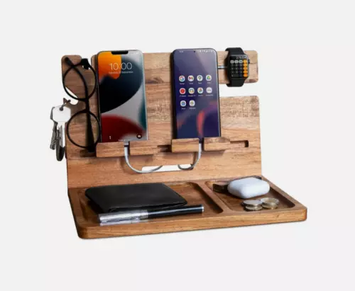 Nightstand Organizer Wooden Docking Station Wood Office Desk Decor Phone Wat...