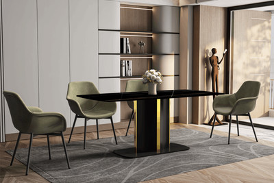 LeisureMod Sylva Dining Table With Rectangular Top and Gold Steel Base