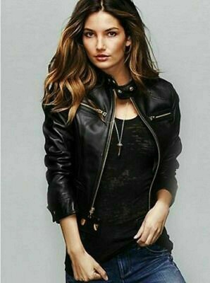 URBAN Women Genuine Lambskin Real Leather Jacket Black High Quality Zip Up Coat