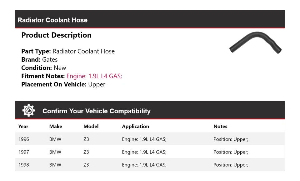 Manguera de refrigerante de radiador de gas para BMW Z3 1996-1998 1,9 L L4 1997 Foto 2 de 4