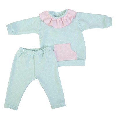 Baby Mädchen mint & rosa mit weißen Tupfen Jogging Set - Rüschen Kragen Alter 12m