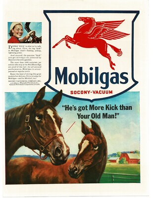 1941 Mobil Mobilgas Pegasus Flying Red Horse mare colt art Vintage Print Ad