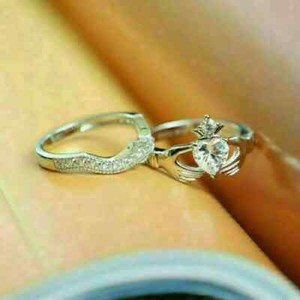 Authentic 14K White Gold Plated 2Ct Heart Real Moissanite Claddagh Women's Ring Bridal Set