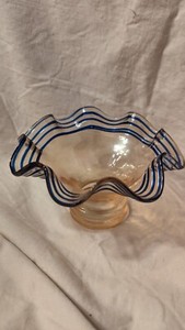 Vintage Amber With Blue Stripes On Ruffle Candy Dish 6" Across
