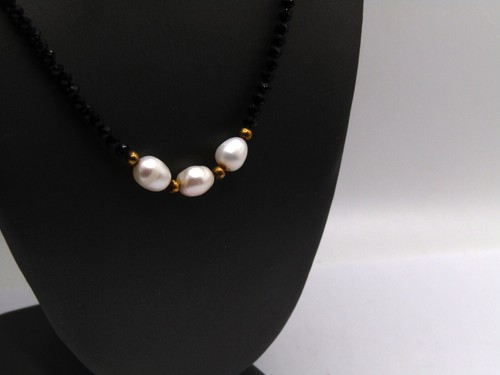 Stunning YG Filled Baroque Freshwater Pearl and Black Spinel Necklace 18" - Picture 4 of 5