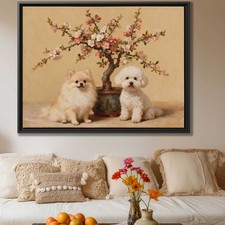 Dog Floral Oil Painting Canvas Print Bichon Frise Pomeranian Wall Art Decor