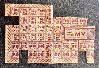 Feuille de tickets de rationnement diverses denrées Décembre 1947