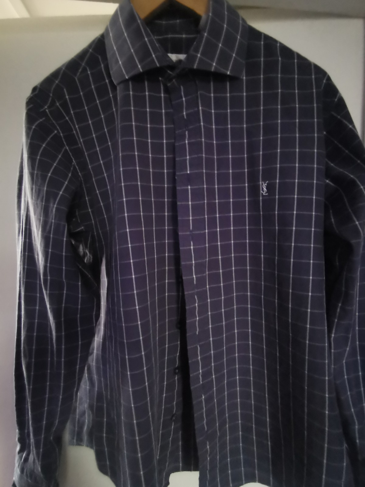 Yves Saint Laurent camicia uomo blu fantasia quadri doppio polsino colletto 15 5" (M)