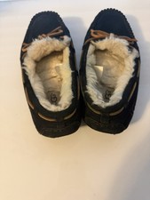 UGG Women's Moccasin Slippers Black Suede Fur Trim Bow Wool Lined Size 8