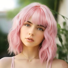Pink Wavy Wigs With Bangs Short Bob Wig for Women Curly Synthetic Cosplay Wig fo